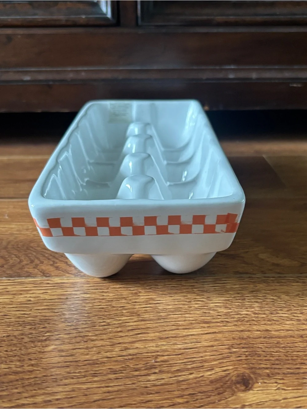 Ceramic Egg Holder Tray with Orange Check Stripe